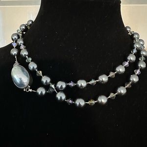 Vintage Long glass crystals beaded necklace large pearl & sterling clasp
